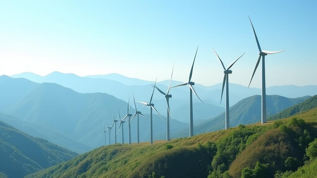 秋田県の山々に連なる陸上風力タービン群
